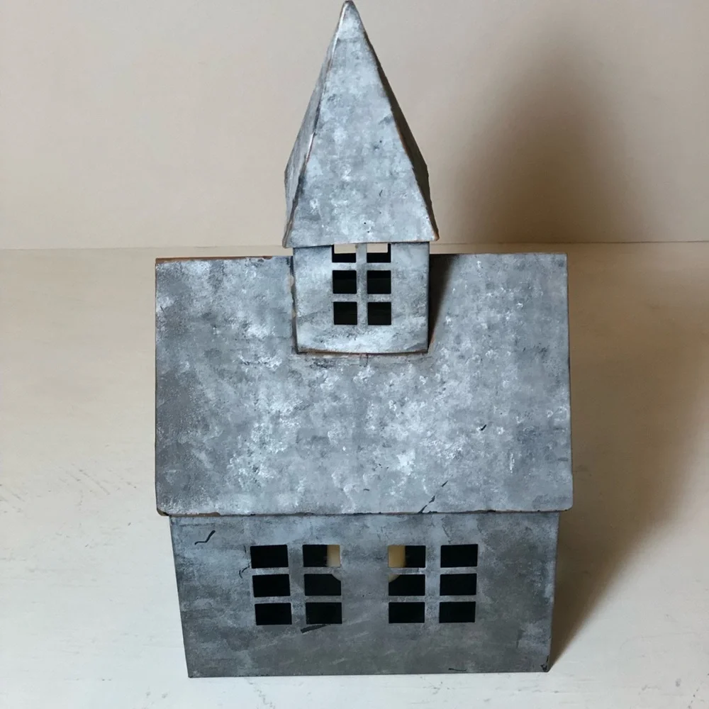 Metal Pre-Lit Church/Chapel Votive Holder in Distressed Galvanized Gray, EUC